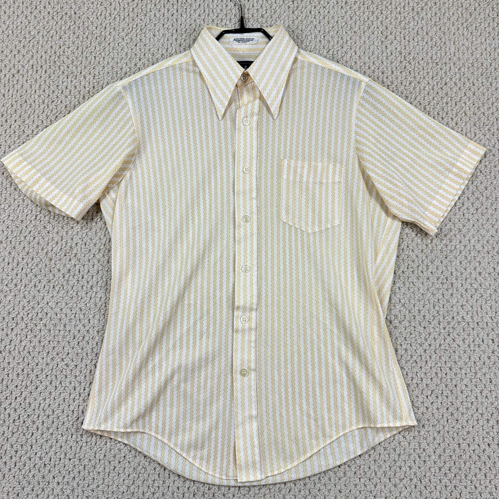 Vtg Branford Shirt Mens M Yellow Stripe Dagger Collar Short Sleeve Button Disco